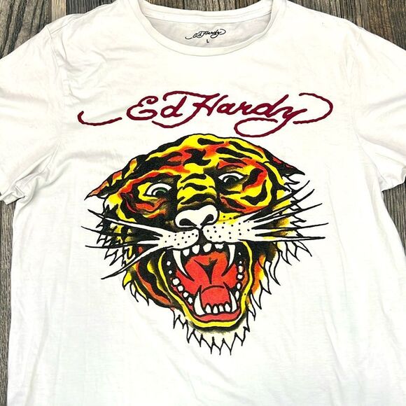 🔥 Y2K ED HARDY DESIGNS Tiger Face Graphic T-Shirt Sz LARGE - Excellent Conditio - Picture 1 of 6